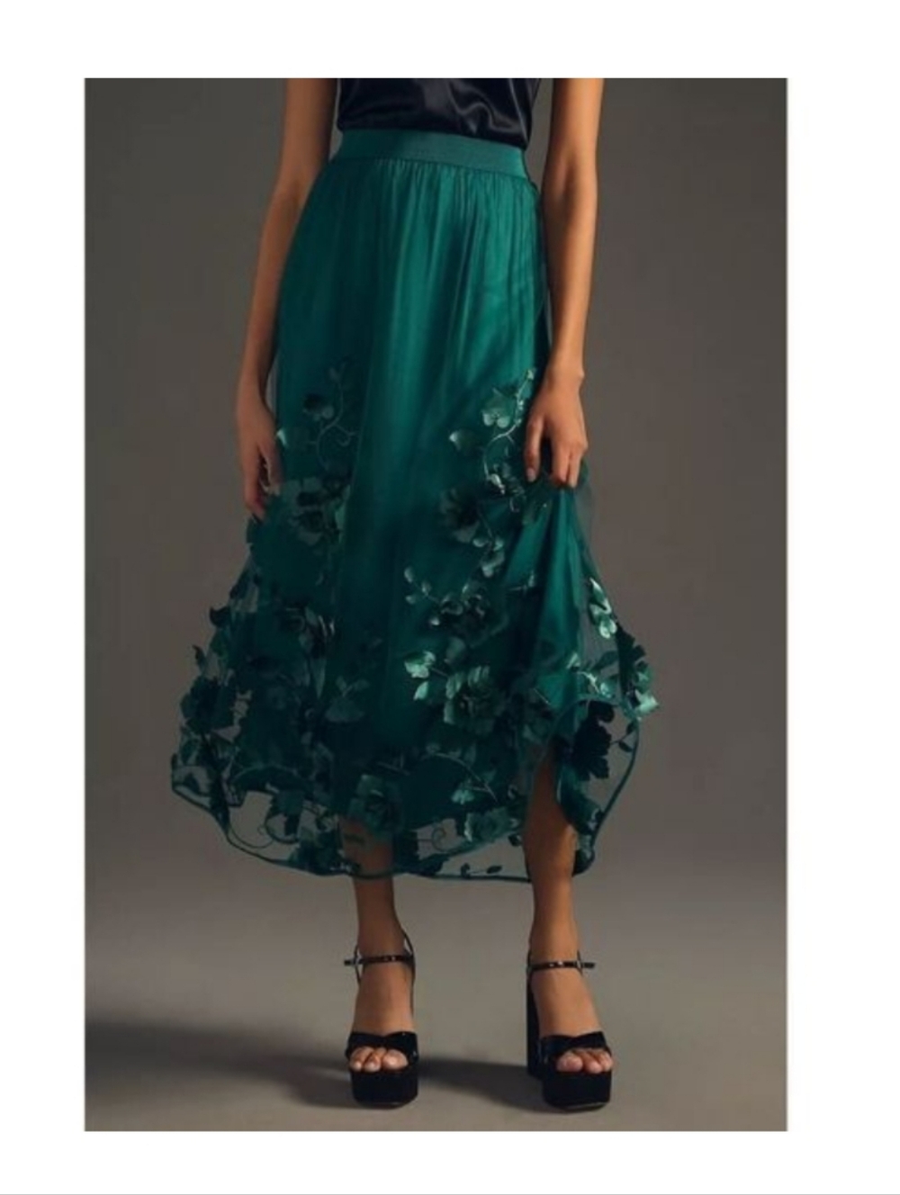 By Anthropologie Floral Appliqué Skirt Deep Green Tulle Maxi Whimsical M